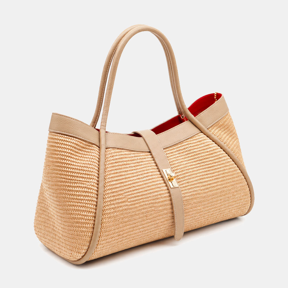 Borsa Donna a Spalla VIAVERDI in Rafia e Pelle Taupe Made in Italy linea Cortona