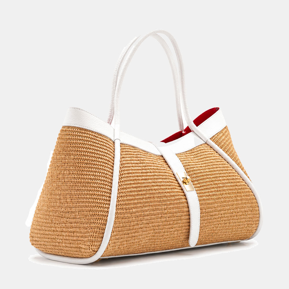Borsa Donna a Spalla VIAVERDI in Rafia e Pelle Bianca Made in Italy linea Cortona