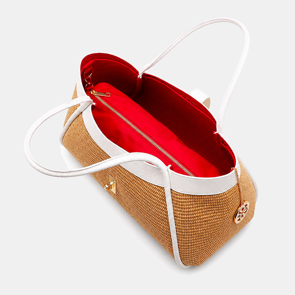 Borsa Donna a Spalla VIAVERDI in Rafia e Pelle Bianca Made in Italy linea Cortona