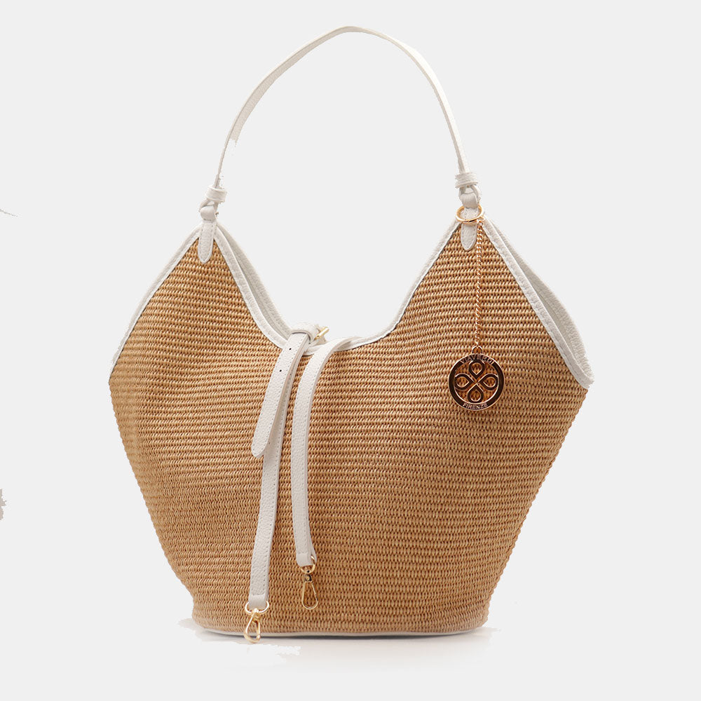 Borsa Donna a Spalla Grande VIAVERDI in Rafia e Pelle Bianca Made in Italy linea Cortona