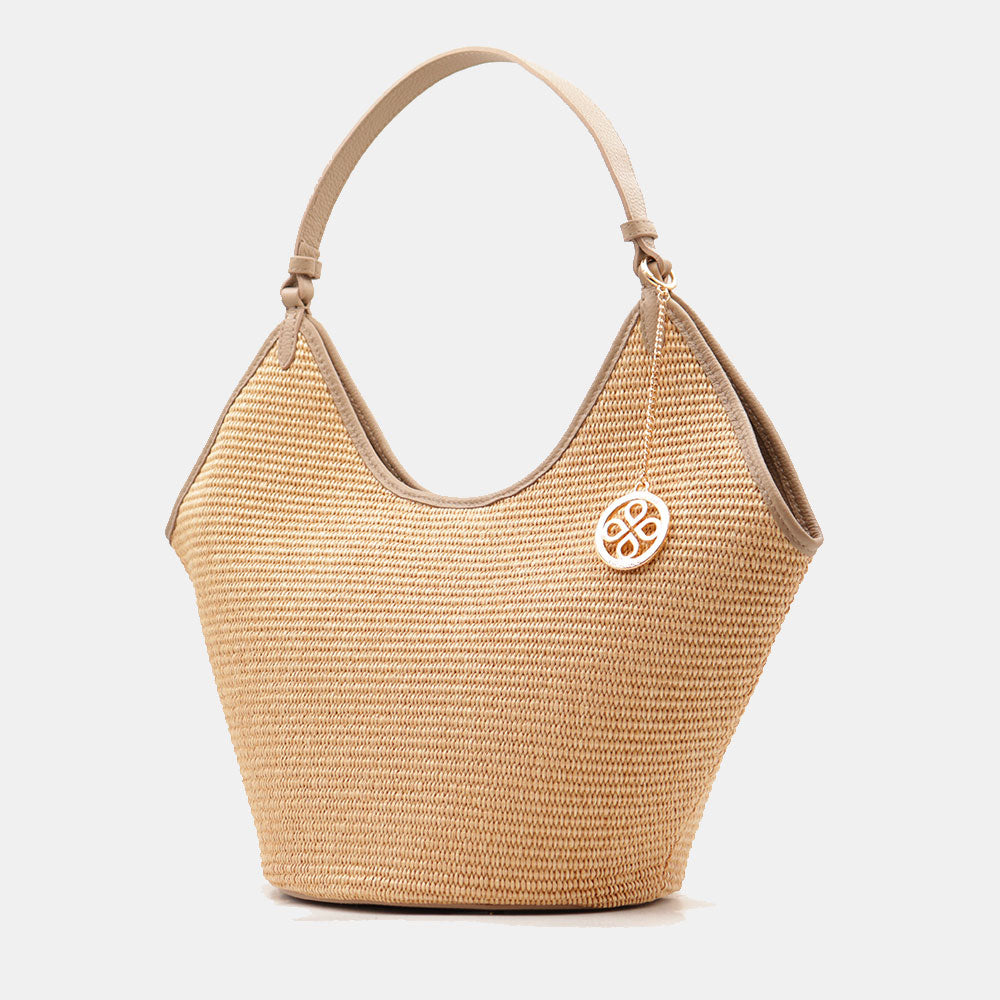 Borsa Donna a Spalla Grande VIAVERDI in Rafia e Pelle Taupe Made in Italy linea Cortona
