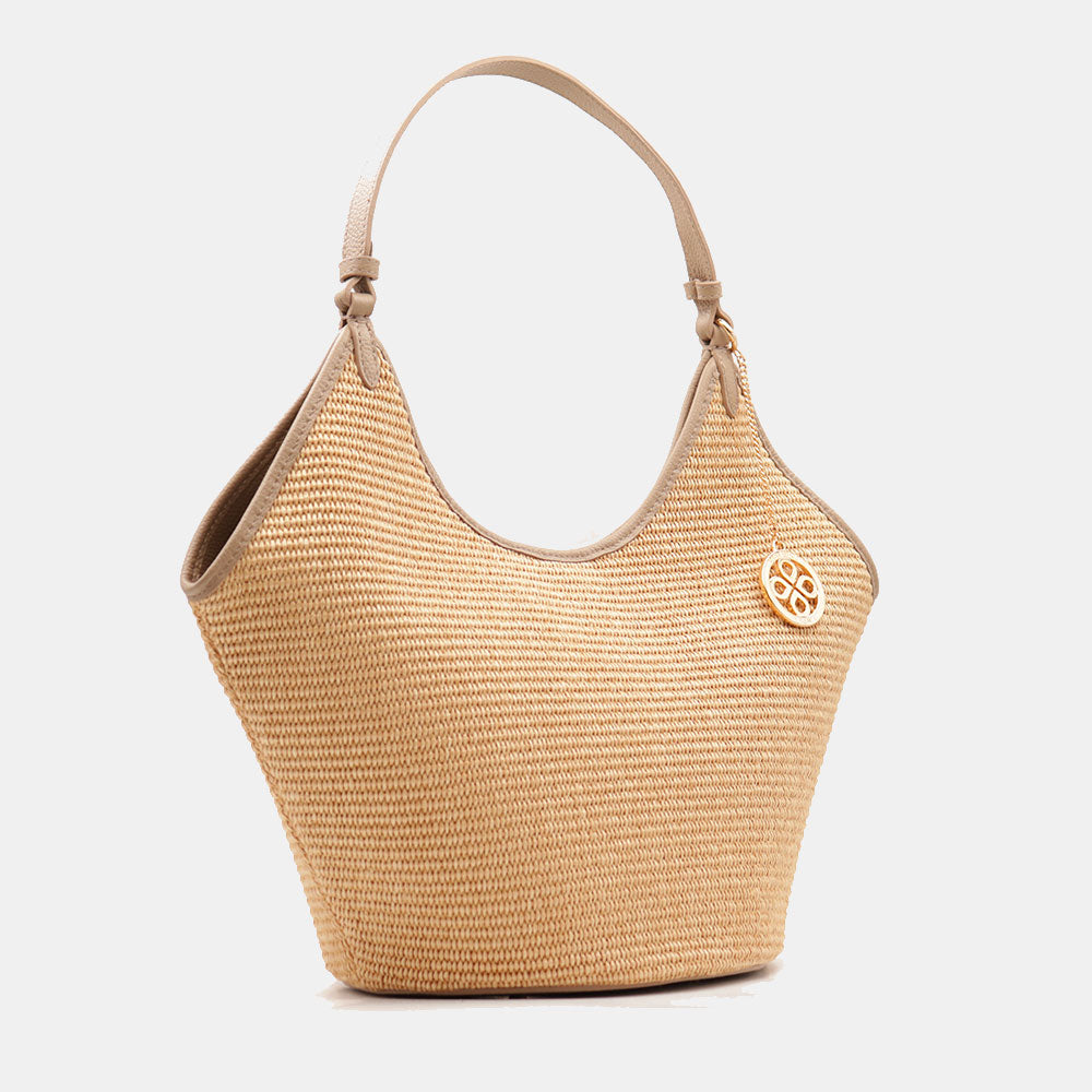 Borsa Donna a Spalla Grande VIAVERDI in Rafia e Pelle Taupe Made in Italy linea Cortona