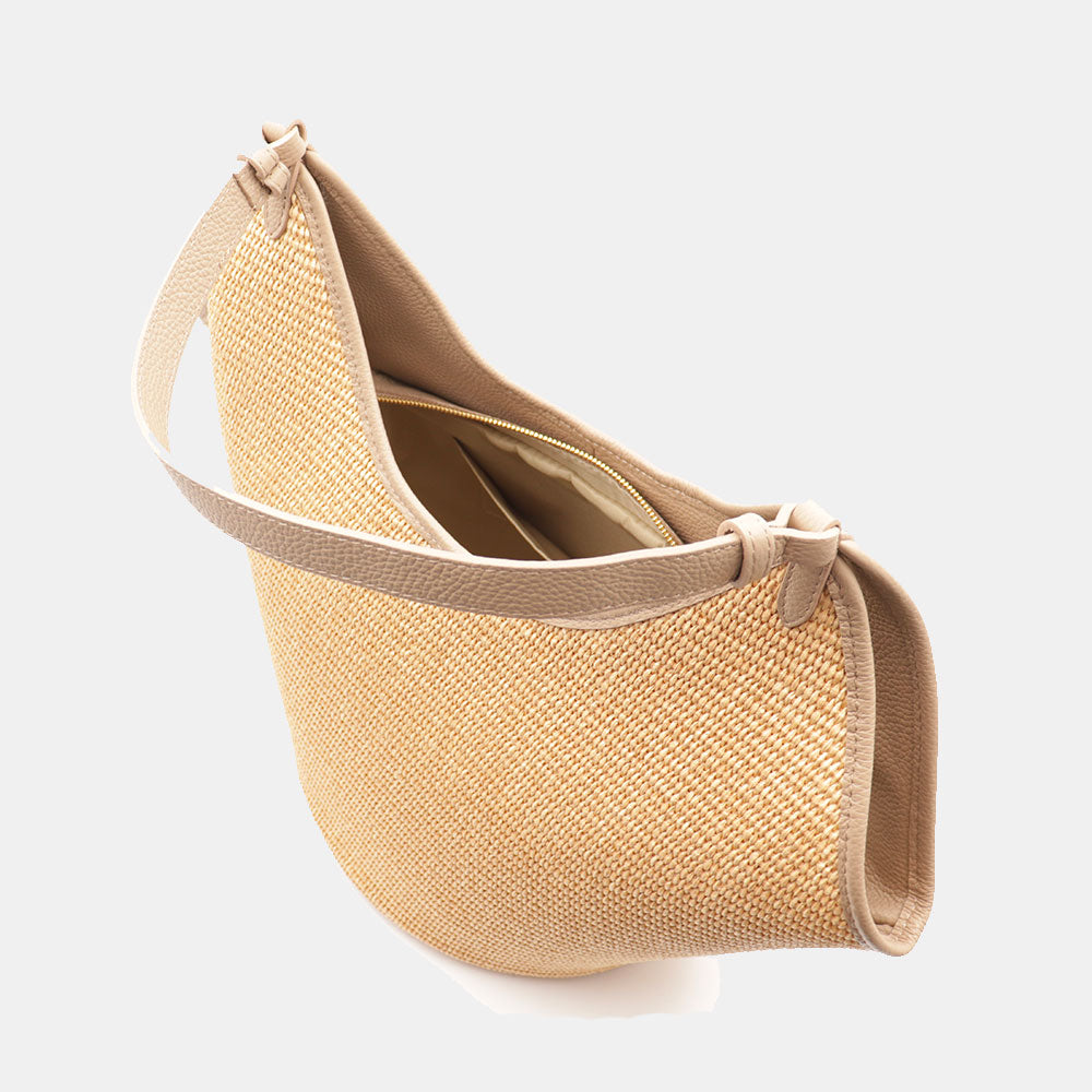 Borsa Donna a Spalla Grande VIAVERDI in Rafia e Pelle Taupe Made in Italy linea Cortona