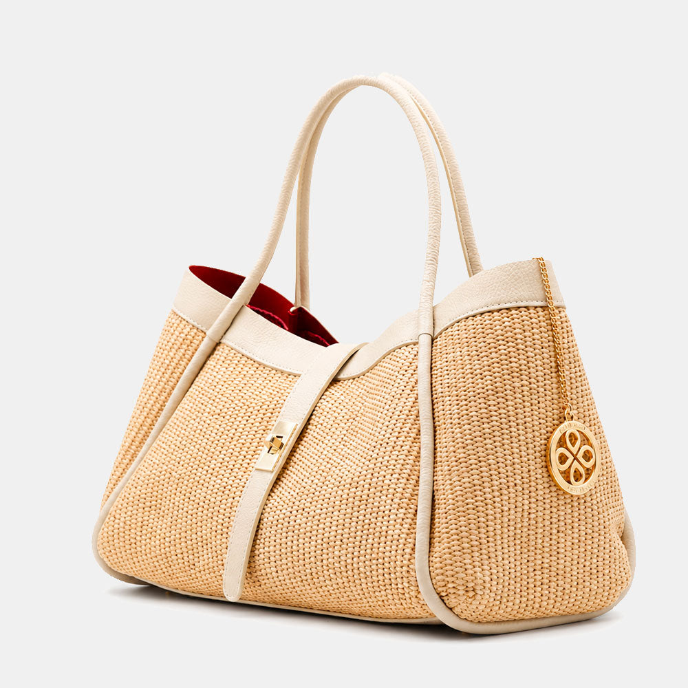 Borsa Donna a Spalla VIAVERDI in Rafia e Pelle Avorio Made in Italy linea Cortona