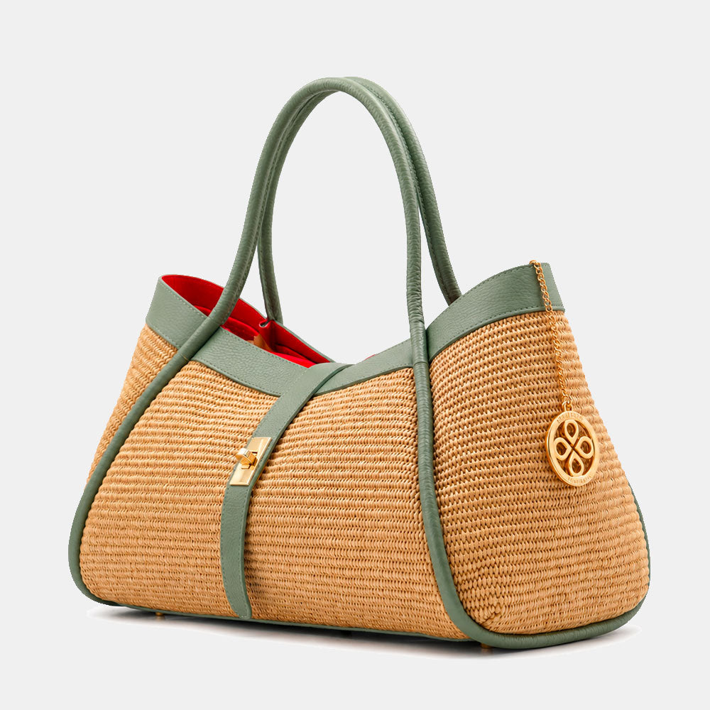 Borsa Donna a Spalla VIAVERDI in Rafia e Pelle Verde Menta Made in Italy linea Cortona