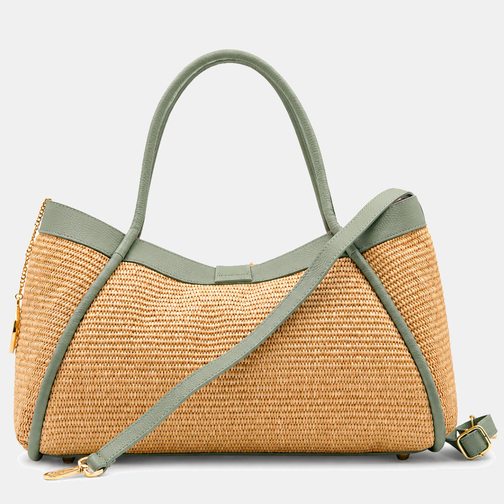 Borsa Donna a Spalla VIAVERDI in Rafia e Pelle Verde Menta Made in Italy linea Cortona