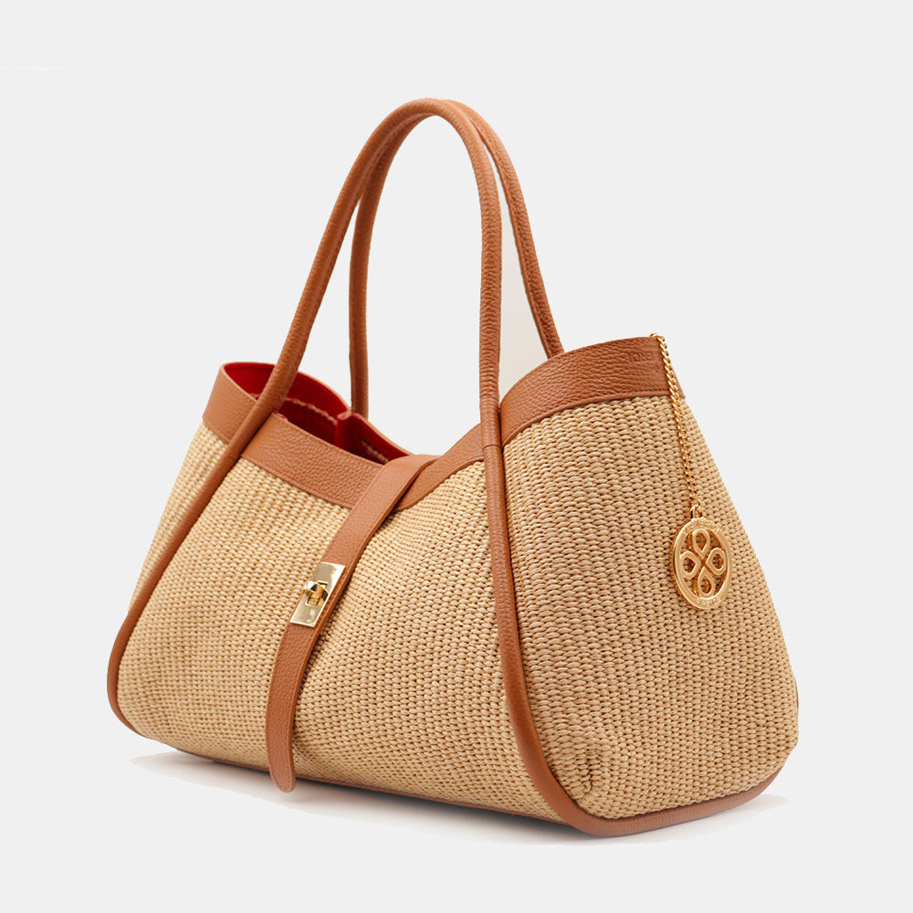 Borsa Donna a Spalla VIAVERDI in Rafia e Pelle Marrone Made in Italy linea Cortona