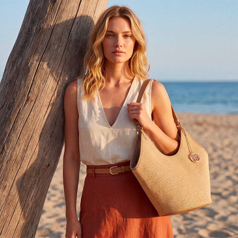 VIAVERDI Große Damen-Schultertasche aus Bast und taupefarbenem Leder Made in Italy – Kollektion Cortona