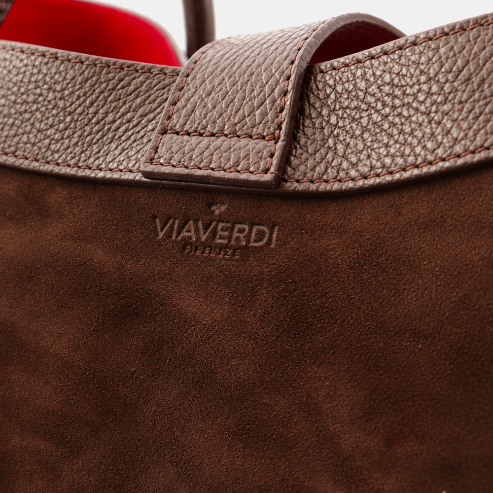VIAVERDI Women's Shoulder Bag in Dark Brown Suede and Leather, Made in Italy, Cortona Line