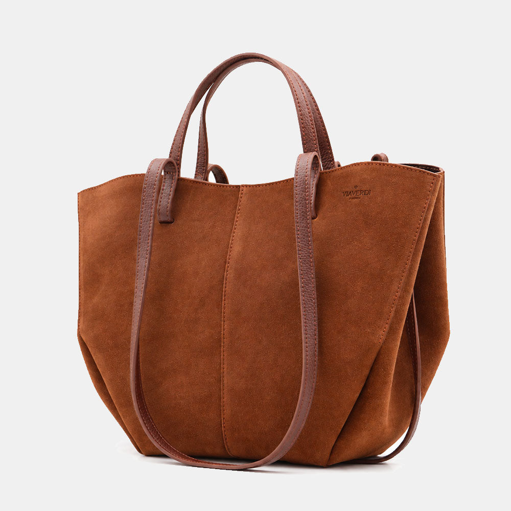 Borsa Doppio Manico a Mano e Spalla VIAVERDI in Camoscio Marrone Made in Italy linea Capalbio