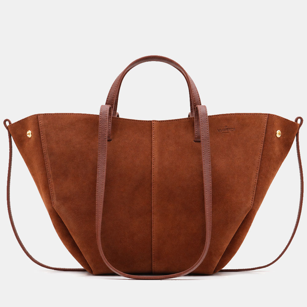 Borsa Doppio Manico a Mano e Spalla VIAVERDI in Camoscio Marrone Made in Italy linea Capalbio