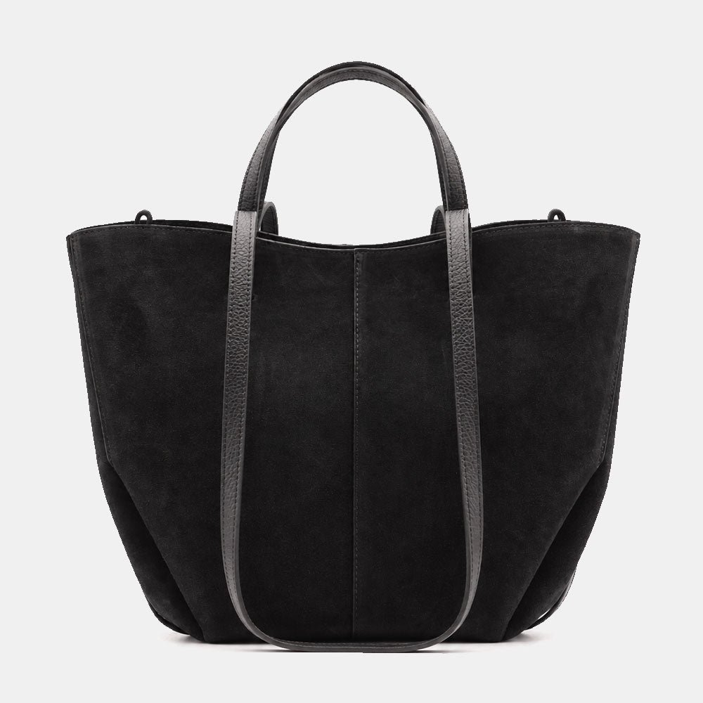 Borsa Doppio Manico a Mano e Spalla VIAVERDI in Camoscio Nero Made in Italy linea Capalbio