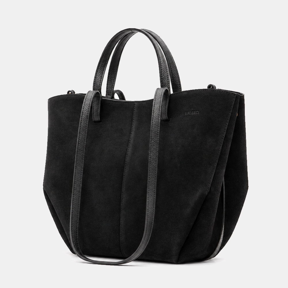 Borsa Doppio Manico a Mano e Spalla VIAVERDI in Camoscio Nero Made in Italy linea Capalbio