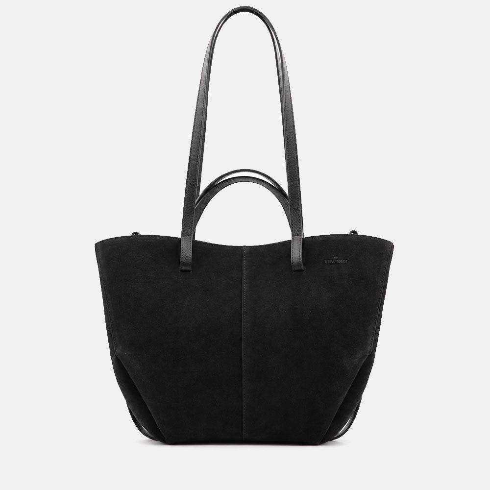 Borsa Doppio Manico a Mano e Spalla VIAVERDI in Camoscio Nero Made in Italy linea Capalbio