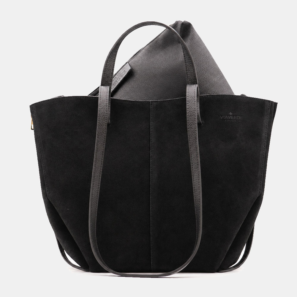 Borsa Doppio Manico a Mano e Spalla VIAVERDI in Camoscio Nero Made in Italy linea Capalbio