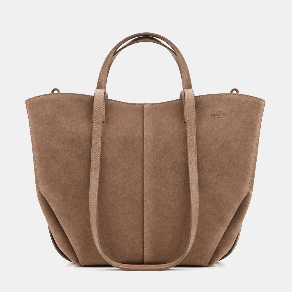 Borsa Doppio Manico a Mano e Spalla VIAVERDI in Camoscio Taupe Made in Italy linea Capalbio