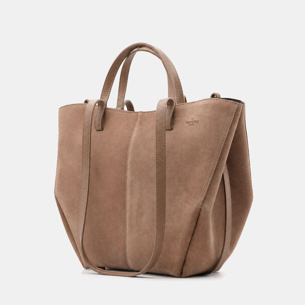 Borsa Doppio Manico a Mano e Spalla VIAVERDI in Camoscio Taupe Made in Italy linea Capalbio