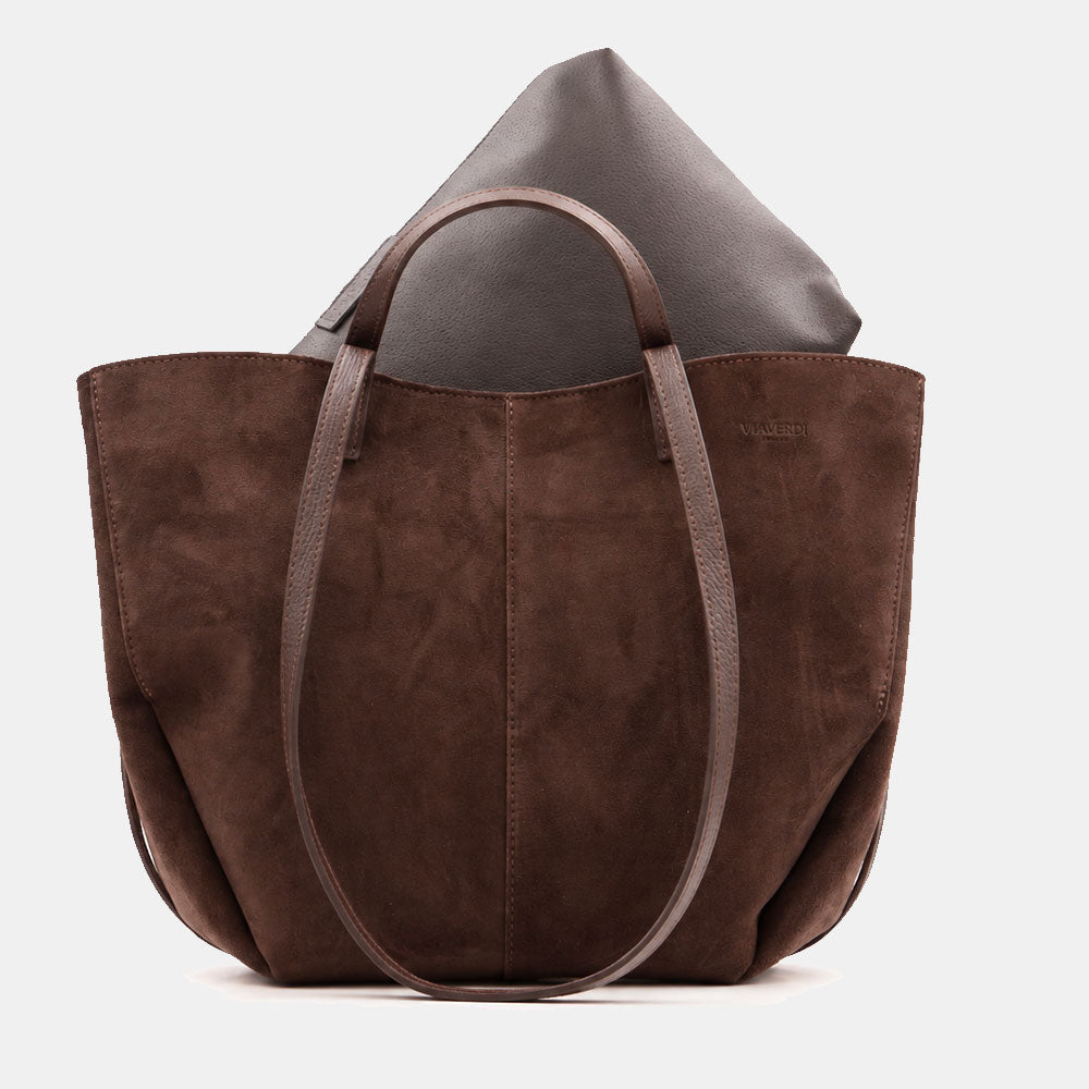 Borsa Doppio Manico a Mano e Spalla VIAVERDI in Camoscio Testa di Moro Made in Italy linea Capalbio