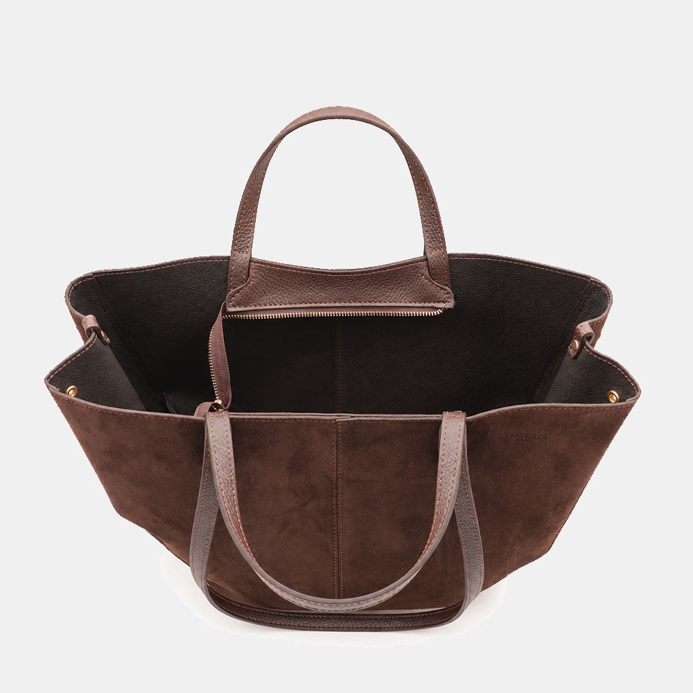 Borsa Doppio Manico a Mano e Spalla VIAVERDI in Camoscio Testa di Moro Made in Italy linea Capalbio