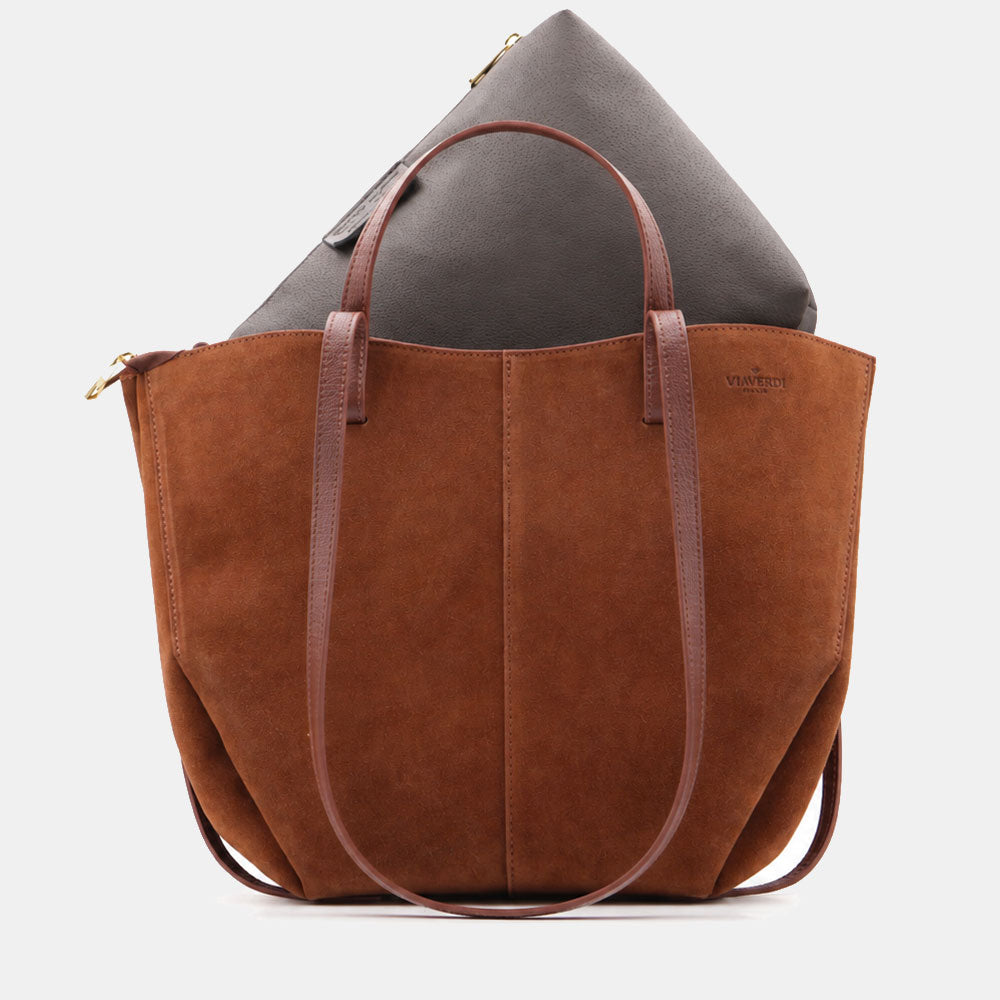 Borsa Doppio Manico a Mano e Spalla VIAVERDI in Camoscio Marrone Made in Italy linea Capalbio