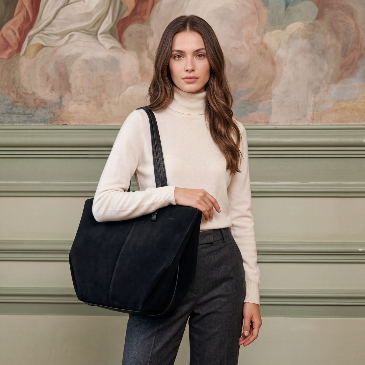 Borsa Doppio Manico a Mano e Spalla VIAVERDI in Camoscio Nero Made in Italy linea Capalbio