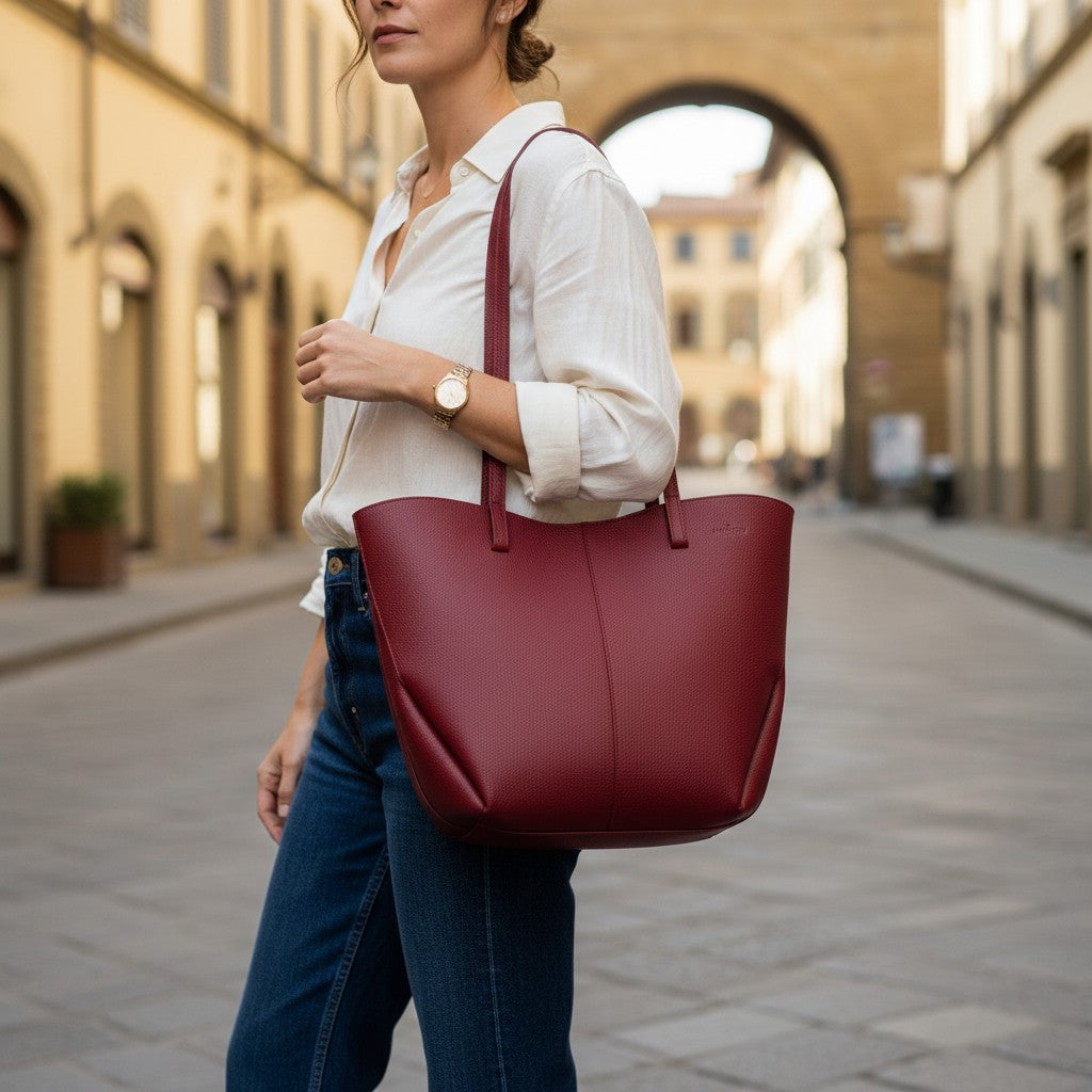 Borsa Doppio Manico a Mano e Spalla VIAVERDI in Pelle Bordeaux Made in Italy linea Capalbio