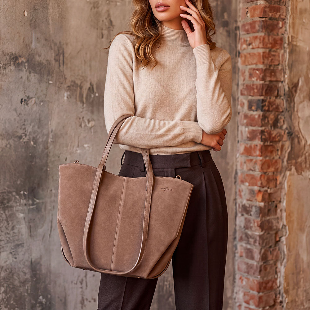 Handbag ViaVerdi with Double Handle in Taupe Suede Made in Italy – Line Capalbio
