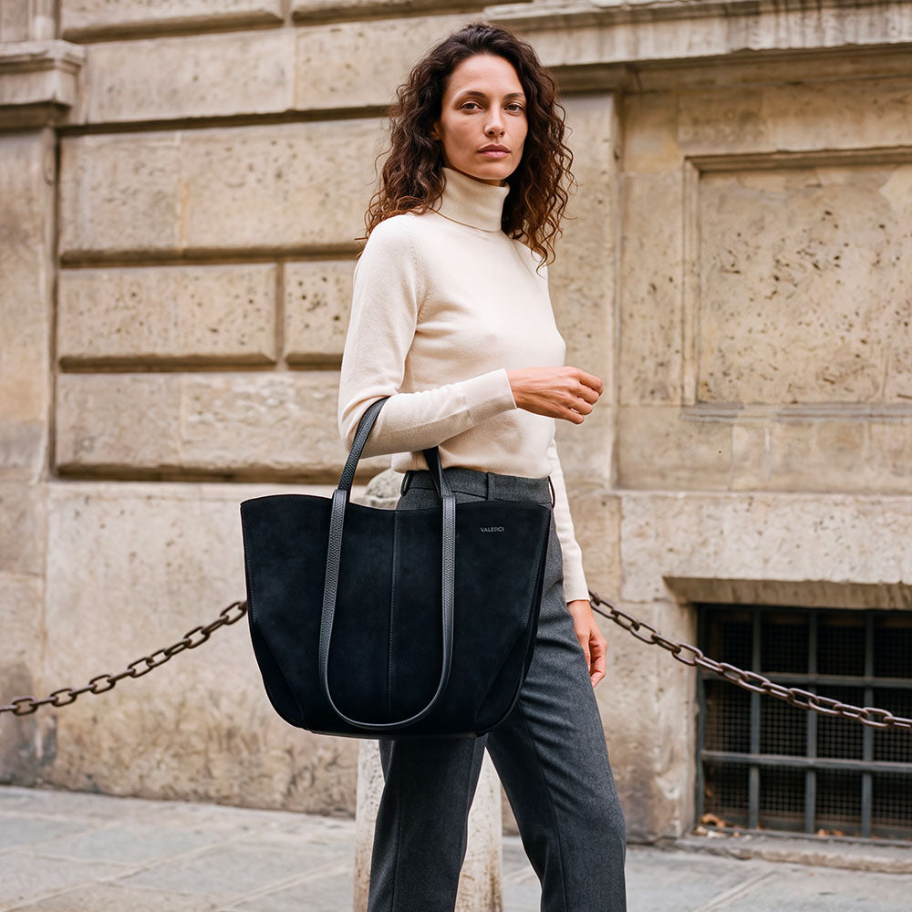 Handbag with Dual Handles for Hand and Shoulder Carry in Black Suede Made in Italy – Line Capalbio
