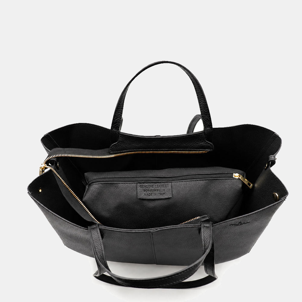 Borsa Doppio Manico a Mano e Spalla VIAVERDI in Pelle Nera Made in Italy linea Capalbio