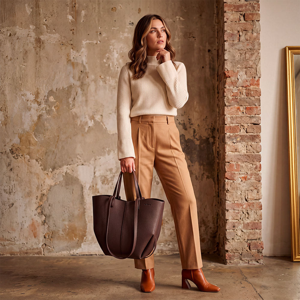 Handtasche ViaVerdi mit Doppelhenkel und Schultertragefunktion aus dunkelbraunem Leder Made in Italy – Linie Capalbio
