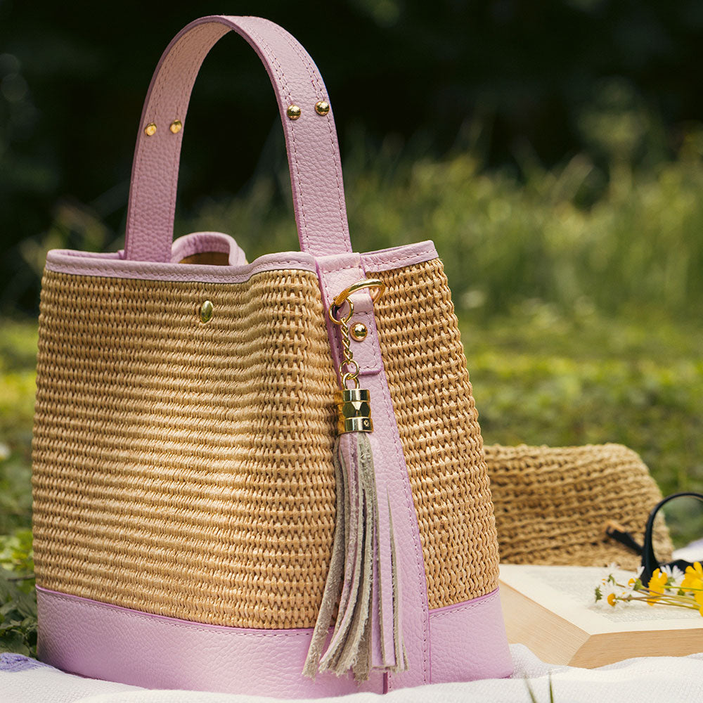 Borsa Donna Secchiello a Mano VIAVERDI in Pelle Rosa e Rafia Made in Italy linea Fiesole