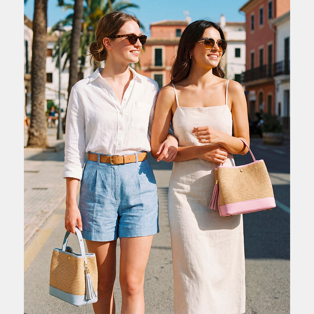 Borsa Donna Secchiello a Mano VIAVERDI in Pelle Celeste e Rafia Made in Italy linea Fiesole