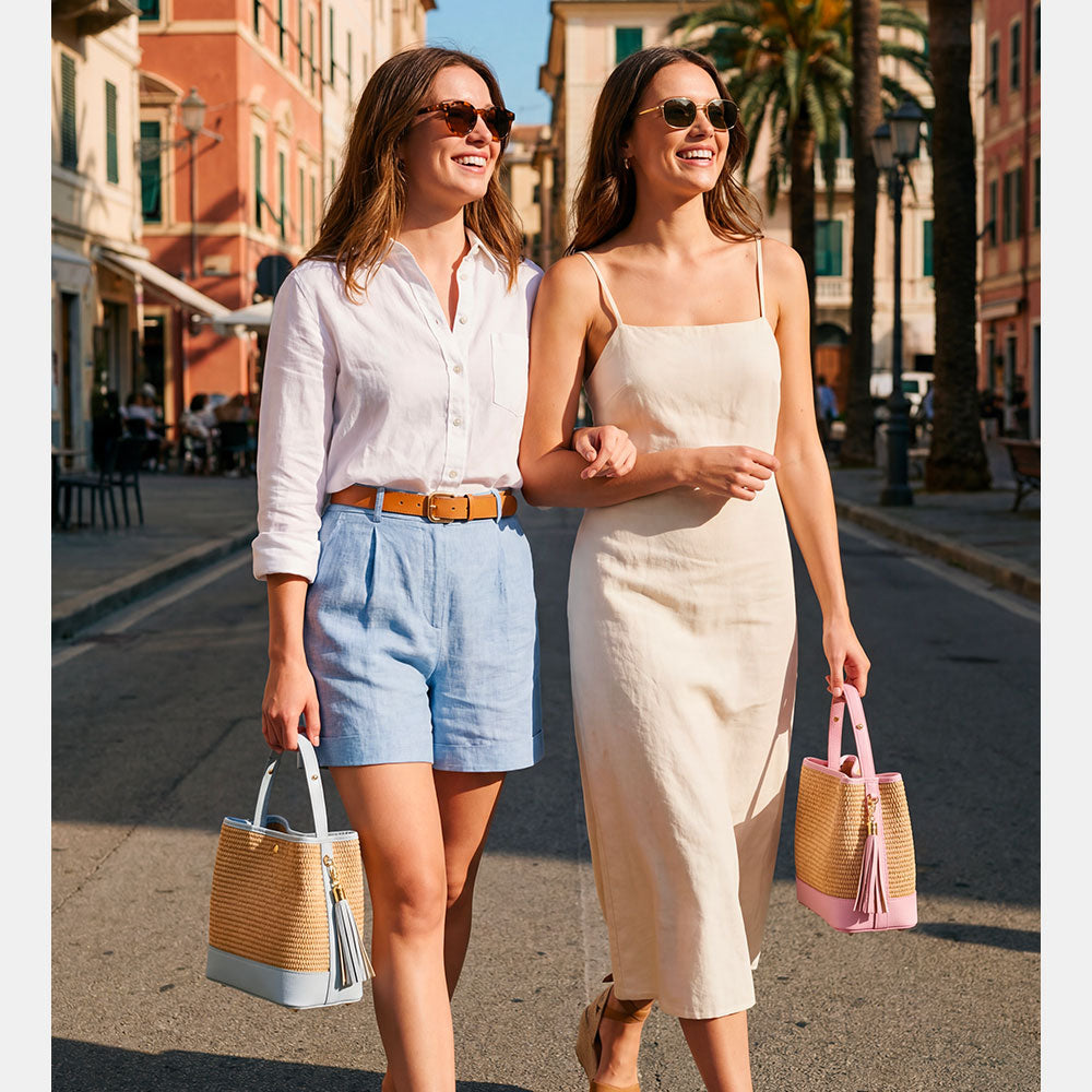 Borsa Donna Secchiello a Mano VIAVERDI in Pelle Celeste e Rafia Made in Italy linea Fiesole