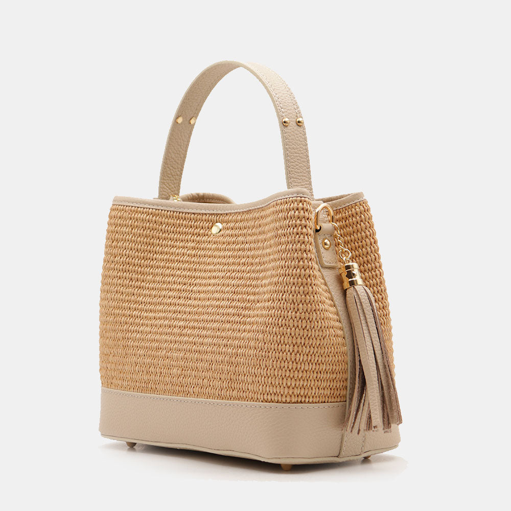 Borsa Donna Secchiello a Mano VIAVERDI in Pelle Beige e Rafia Made in Italy linea Fiesole