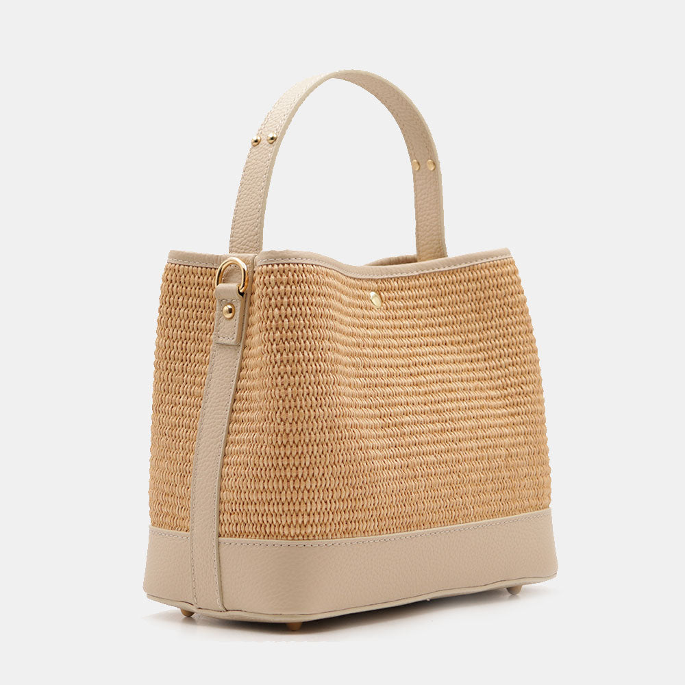 Borsa Donna Secchiello a Mano VIAVERDI in Pelle Beige e Rafia Made in Italy linea Fiesole
