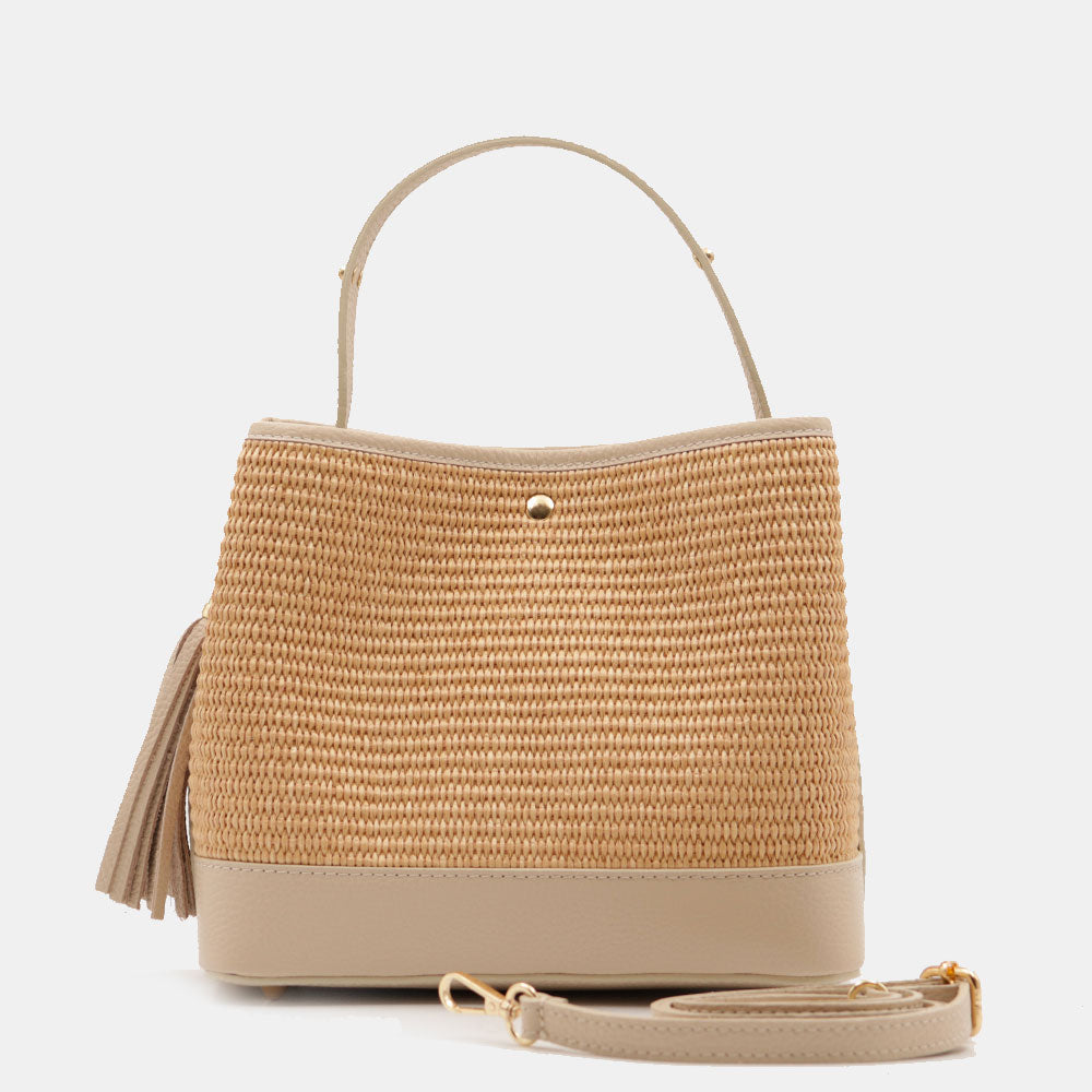 Borsa Donna Secchiello a Mano VIAVERDI in Pelle Beige e Rafia Made in Italy linea Fiesole
