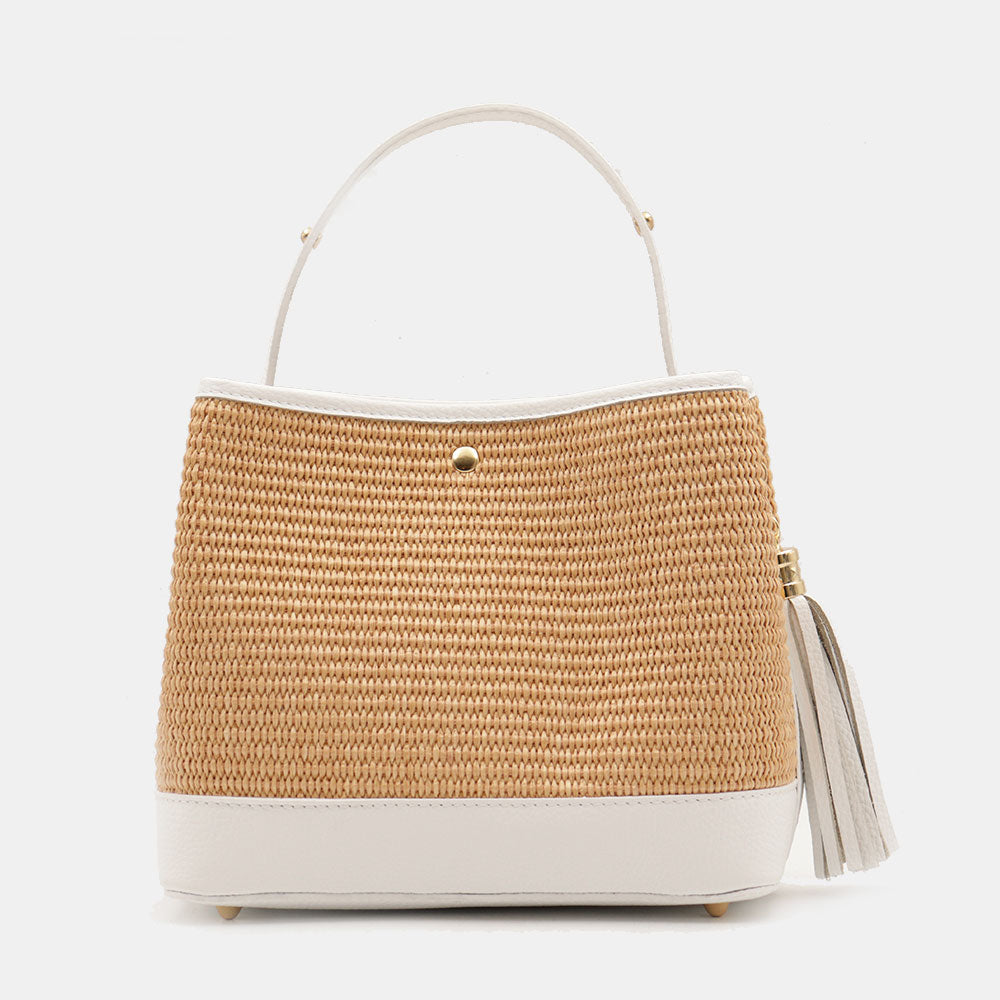 Borsa Donna Secchiello a Mano VIAVERDI in Pelle Bianca e Rafia Made in Italy linea Fiesole