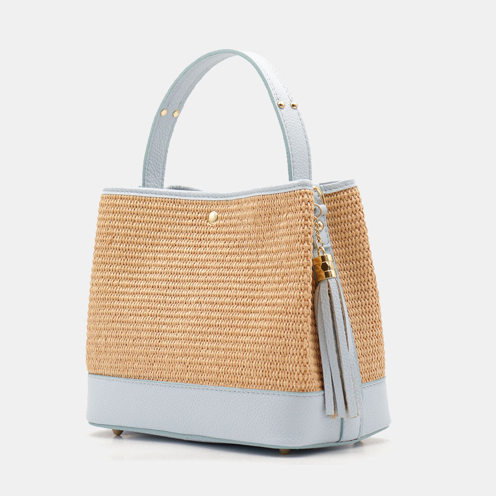 Borsa Donna Secchiello a Mano VIAVERDI in Pelle Celeste e Rafia Made in Italy linea Fiesole