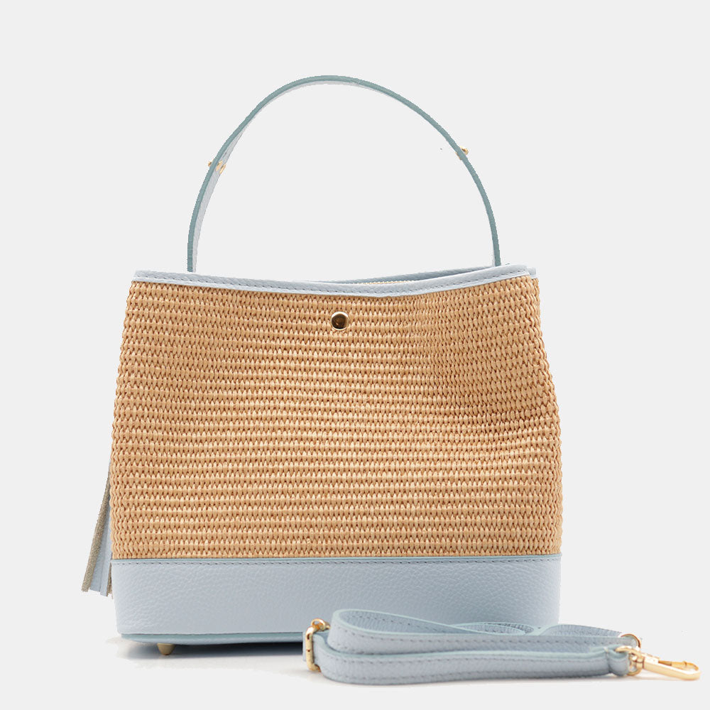 Borsa Donna Secchiello a Mano VIAVERDI in Pelle Celeste e Rafia Made in Italy linea Fiesole