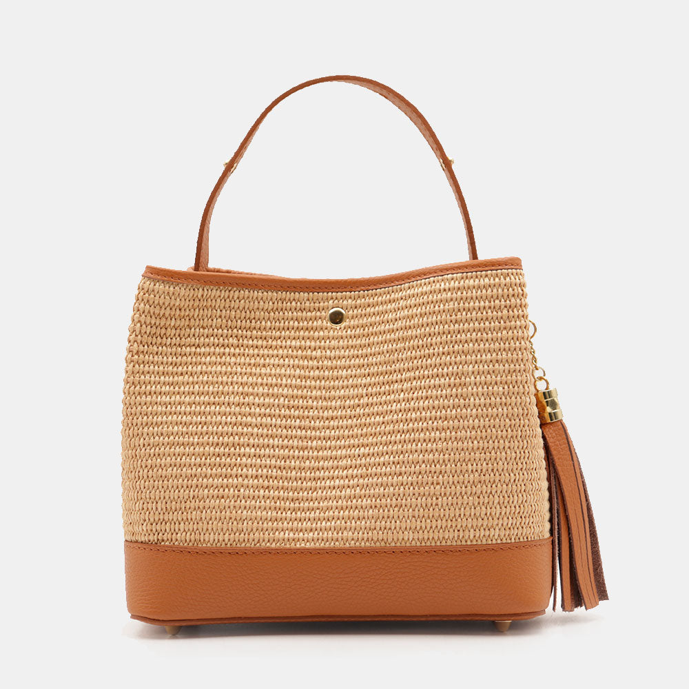 Borsa Donna Secchiello a Mano VIAVERDI in Pelle color Cuoio e Rafia Made in Italy linea Fiesole