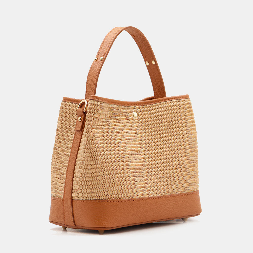 Borsa Donna Secchiello a Mano VIAVERDI in Pelle color Cuoio e Rafia Made in Italy linea Fiesole