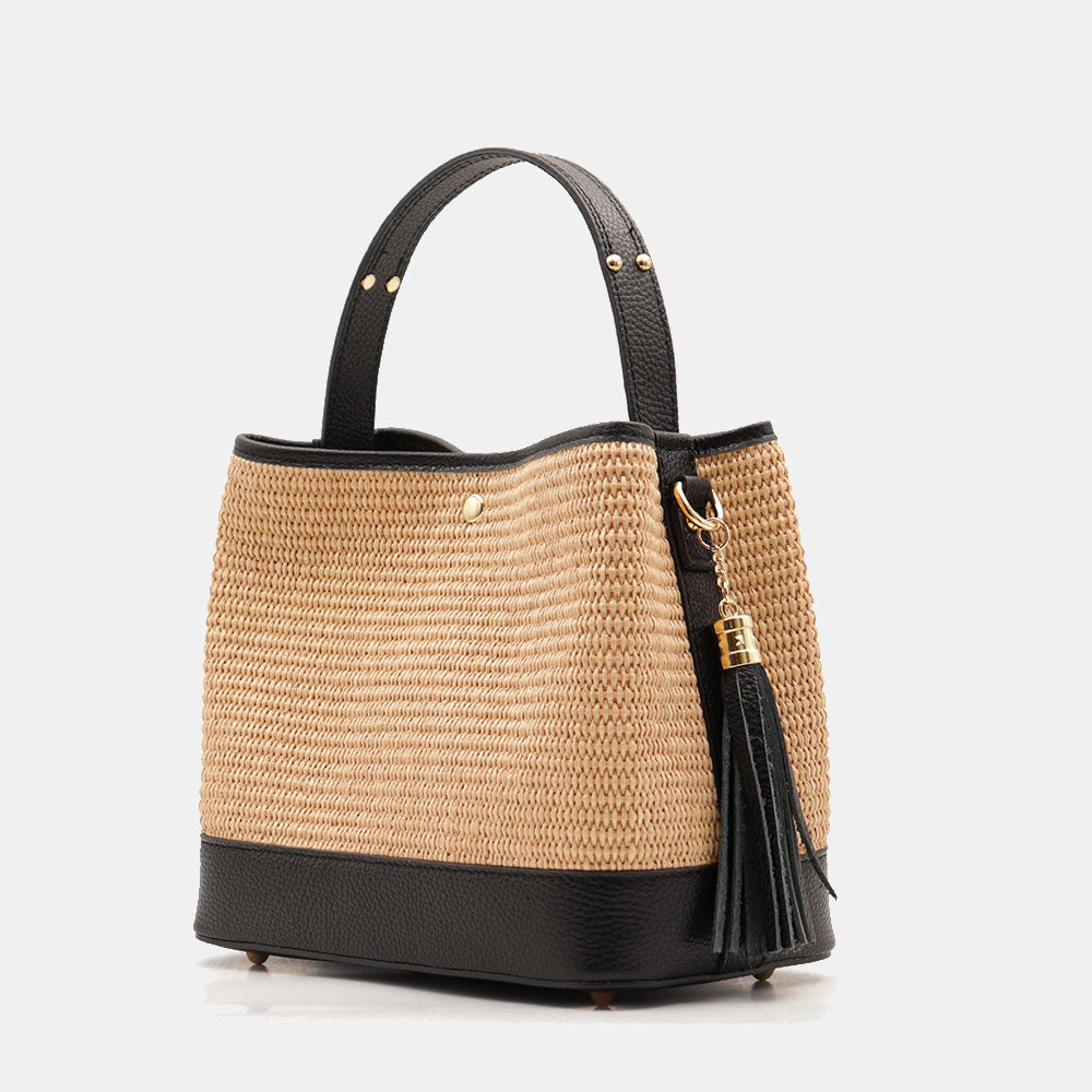 Borsa Donna Secchiello a Mano VIAVERDI in Pelle Nera e Rafia Made in Italy linea Fiesole