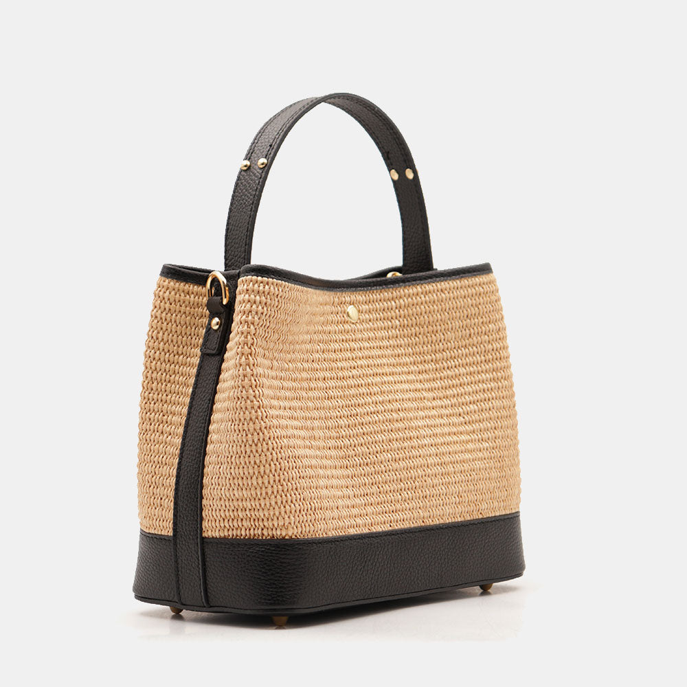 Borsa Donna Secchiello a Mano VIAVERDI in Pelle Nera e Rafia Made in Italy linea Fiesole