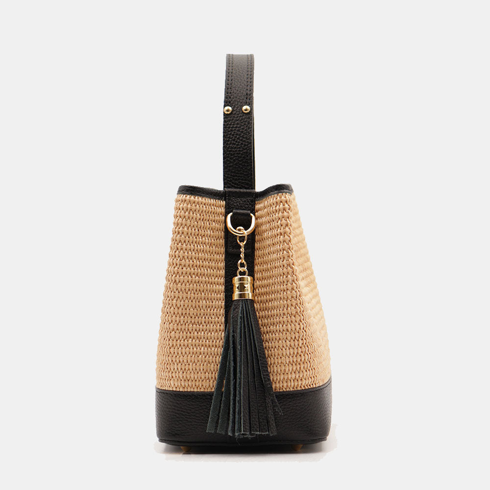 Borsa Donna Secchiello a Mano VIAVERDI in Pelle Nera e Rafia Made in Italy linea Fiesole