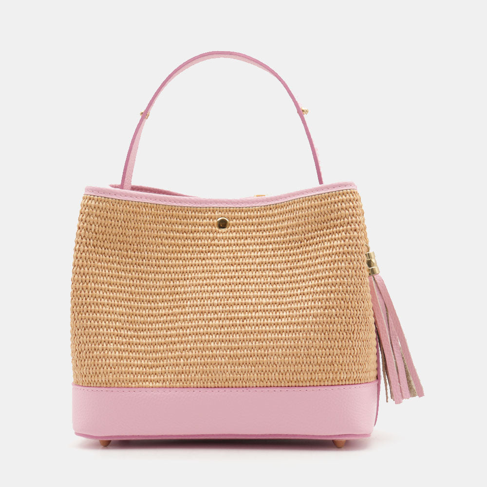 Borsa Donna Secchiello a Mano VIAVERDI in Pelle Rosa e Rafia Made in Italy linea Fiesole