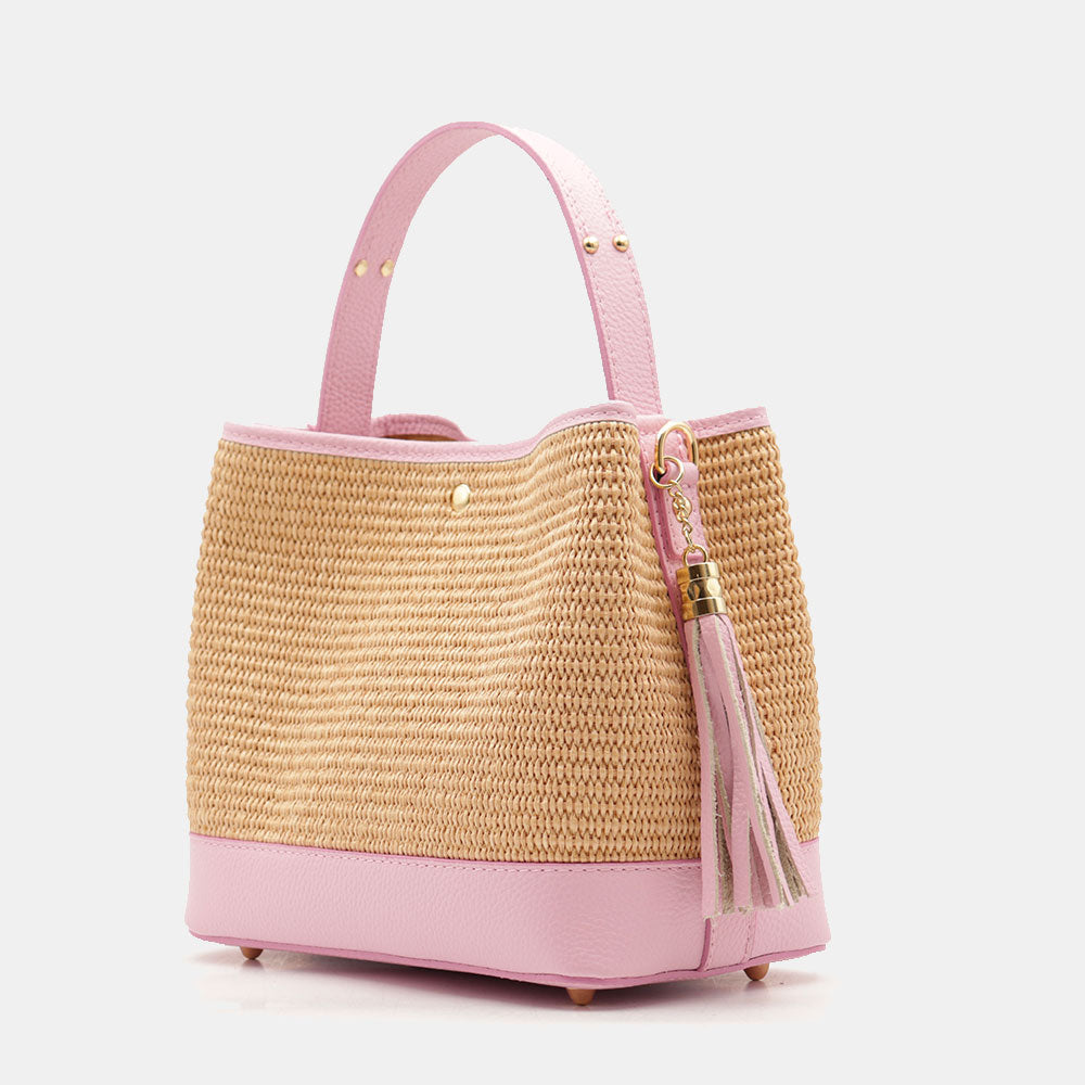 Borsa Donna Secchiello a Mano VIAVERDI in Pelle Rosa e Rafia Made in Italy linea Fiesole