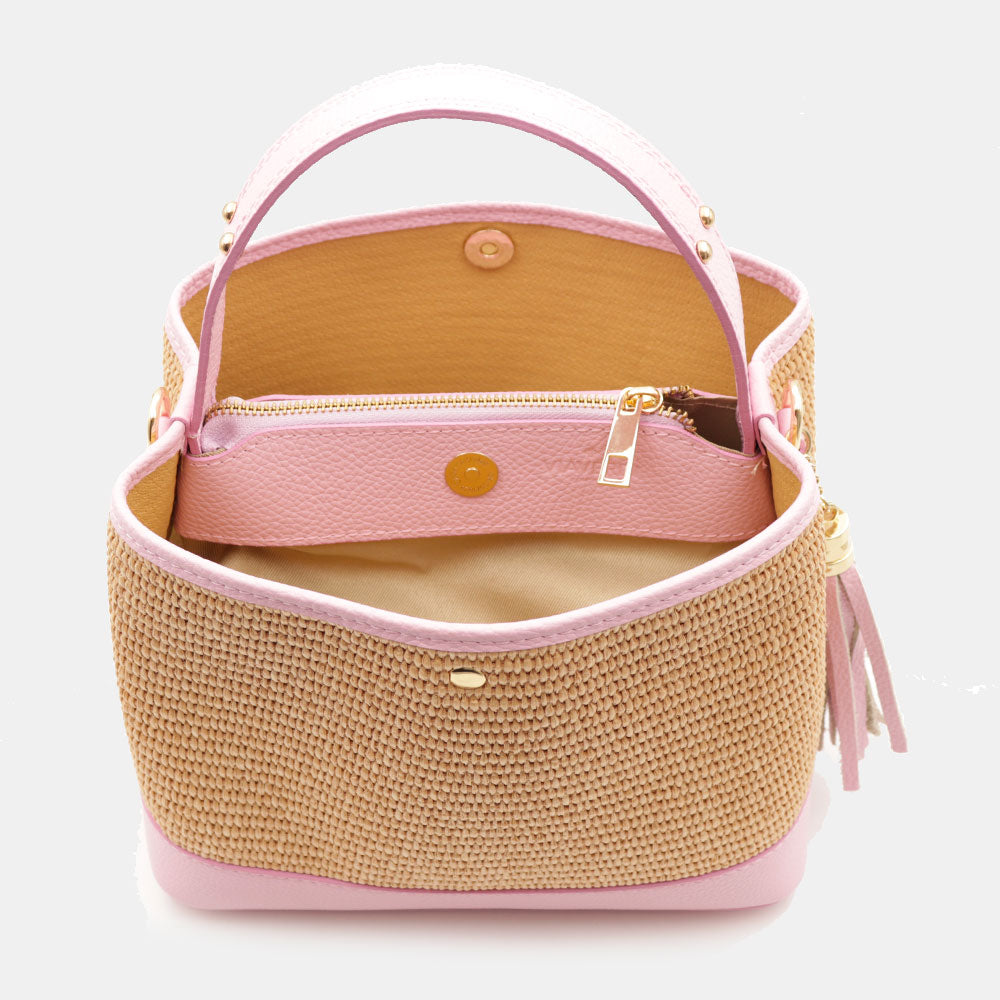 Borsa Donna Secchiello a Mano VIAVERDI in Pelle Rosa e Rafia Made in Italy linea Fiesole