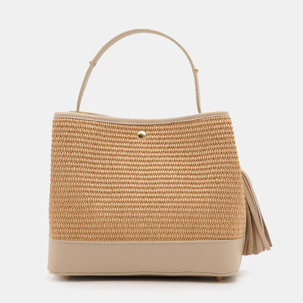 Borsa Donna Secchiello a Mano VIAVERDI in Pelle Beige e Rafia Made in Italy linea Fiesole