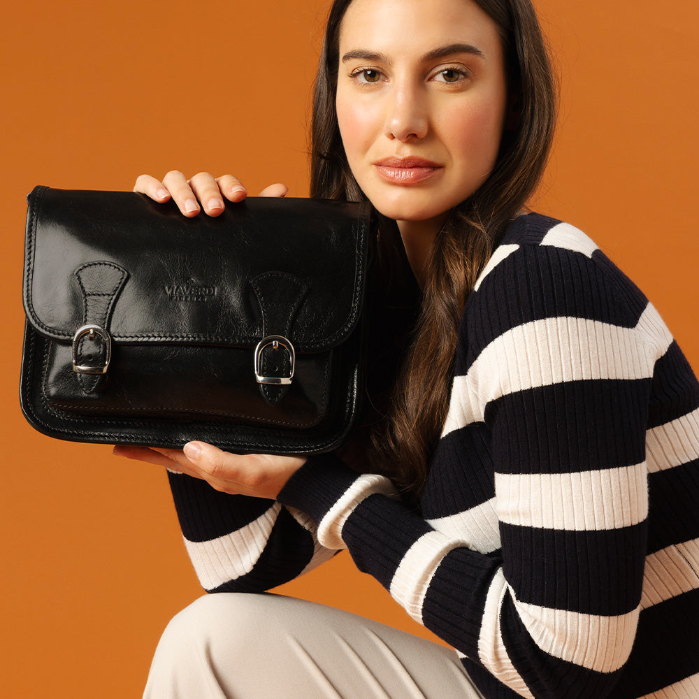 Borsa a tracolla VIAVERDI in Pelle Nera Made in Italy linea Firenze