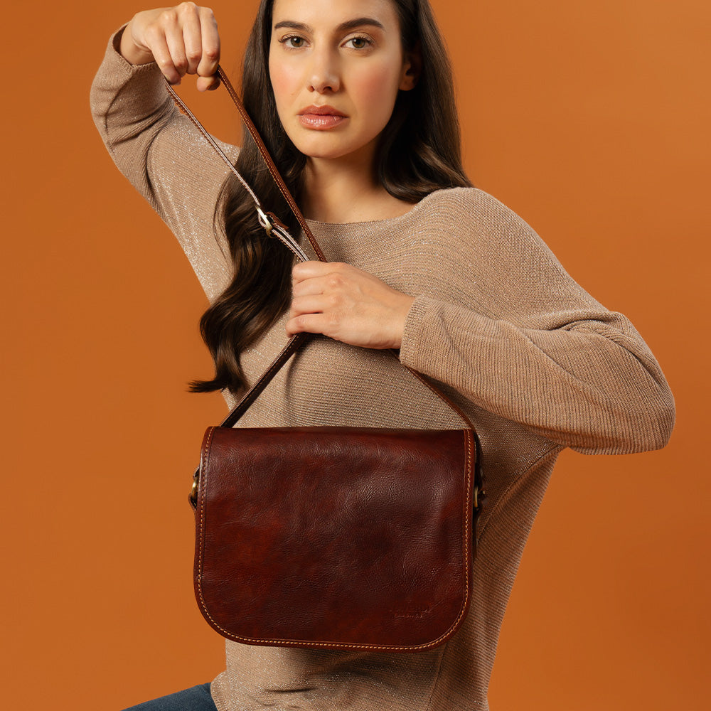 Borsa a Tracolla VIAVERDI in Pelle Marrone Made in Italy linea Firenze